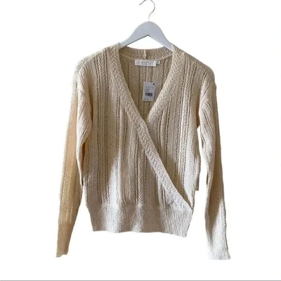 ASTR Faux Wrap V-neck Pointelle Knit Pullover Sweater in Beige Cream SZ XS - Picture 2 of 15